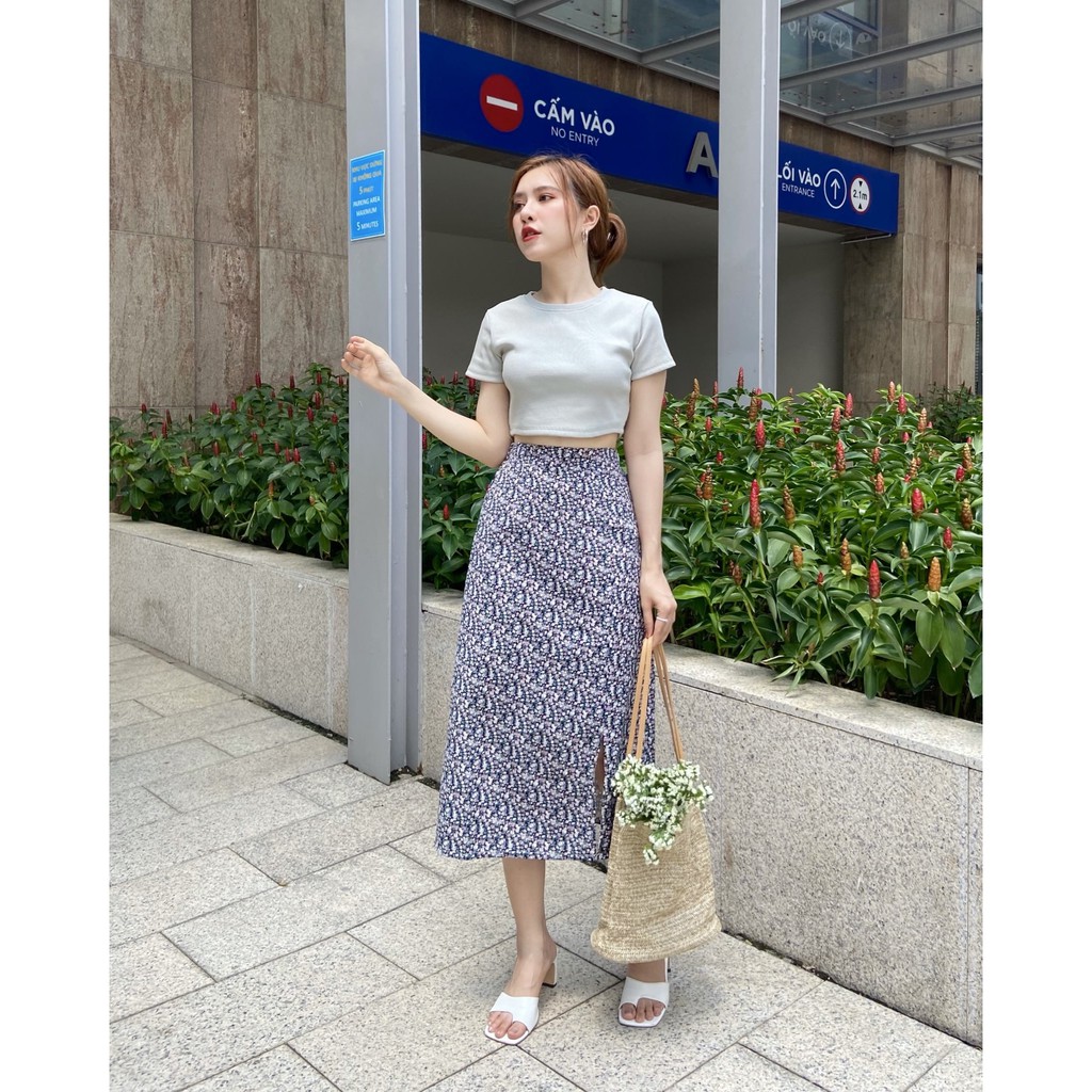 (Ảnh Thật/Sẵn ) Chân Váy Hoa midi Phối Croptop Trơn DollaHouse