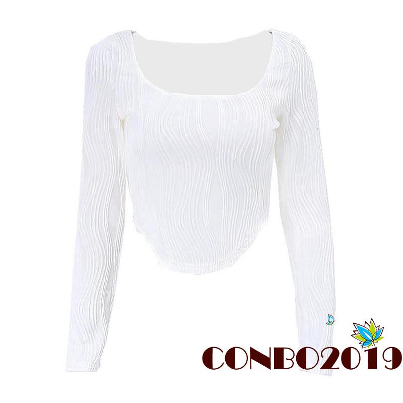 Áo Thun Tay Dài Cổ Chữ U Màu Trơn Họa Tiết 3D Thời Trang Cho Nữ