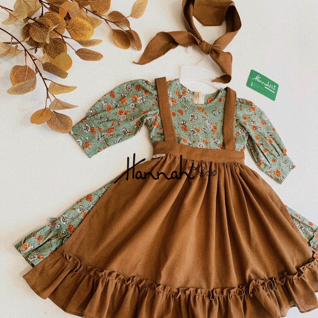 Váy Yếm Dài Tay Mùa Thu Cho Bé 5-35Kg, Váy Yếm Vintage Dễ Thương Cho Bé Gái 1-10 Tuổi HANNAH KIDS