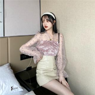 Áo kiểu phối lưới thêu họa tiết chấm bi xinh xắn