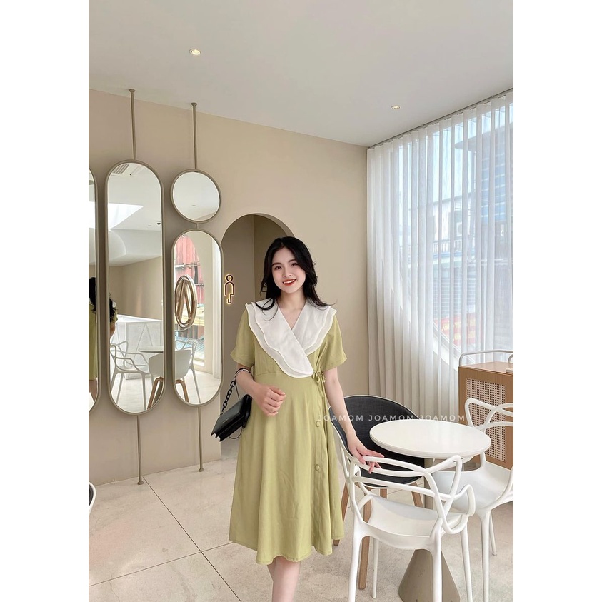 Váy đầm bầu cổ bèo tơ eo nơ các điệu Joamom V221