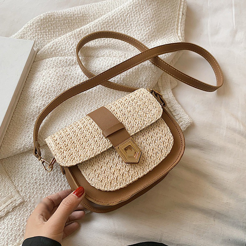 Túi cói đeo chéo vai/đeo một bên vai phong cách Tây phương cổ điển mùa hè thanh lịch cho nữ