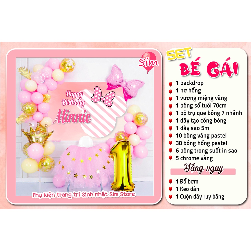 Set trang trí sinh nhật, trang trí thôi nôi, đầy tháng bé gái hot trend siêu dễ thương trọn bộ đầy đủ Simparty