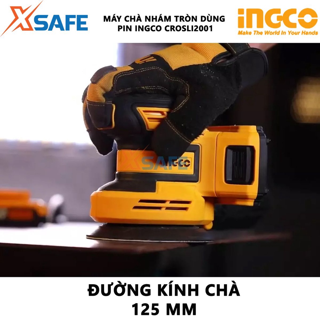 Máy chà nhám tròn dùng pin INGCO CROSLI2001 20V Máy đánh bóng đĩa chà 125mm, kèm 5 miếng chà nhám, không kèm pin sạc