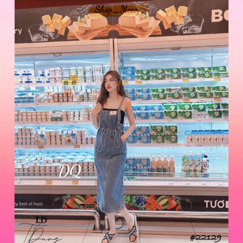 Yếm Váy Jean Nữ Chất Bò Form Dài Phối Dây Rút Eo Túi Phía Trước, Yếm Bò Nữ Phong Cách Hàn Quốc