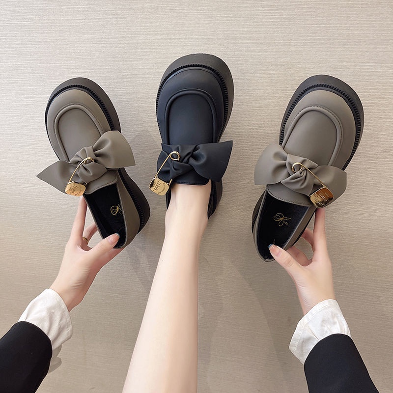 2023 Giày Da Mũi Tròn Thắt Nơ Phong Cách Retro Hàn Quốc Dành Cho Nữ Mary Jane Giày đế bệt