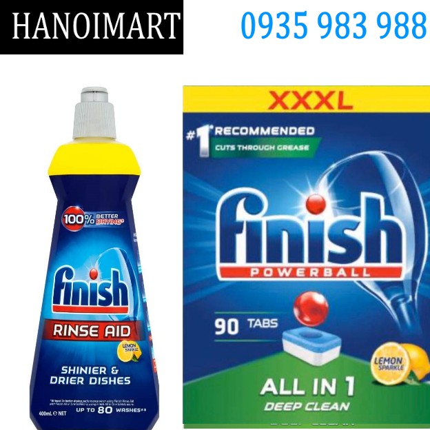 Combo Viên Finish All in one 90 tabs+ Nước làm Bóng Finish 400ml chuyên dùng cho máy