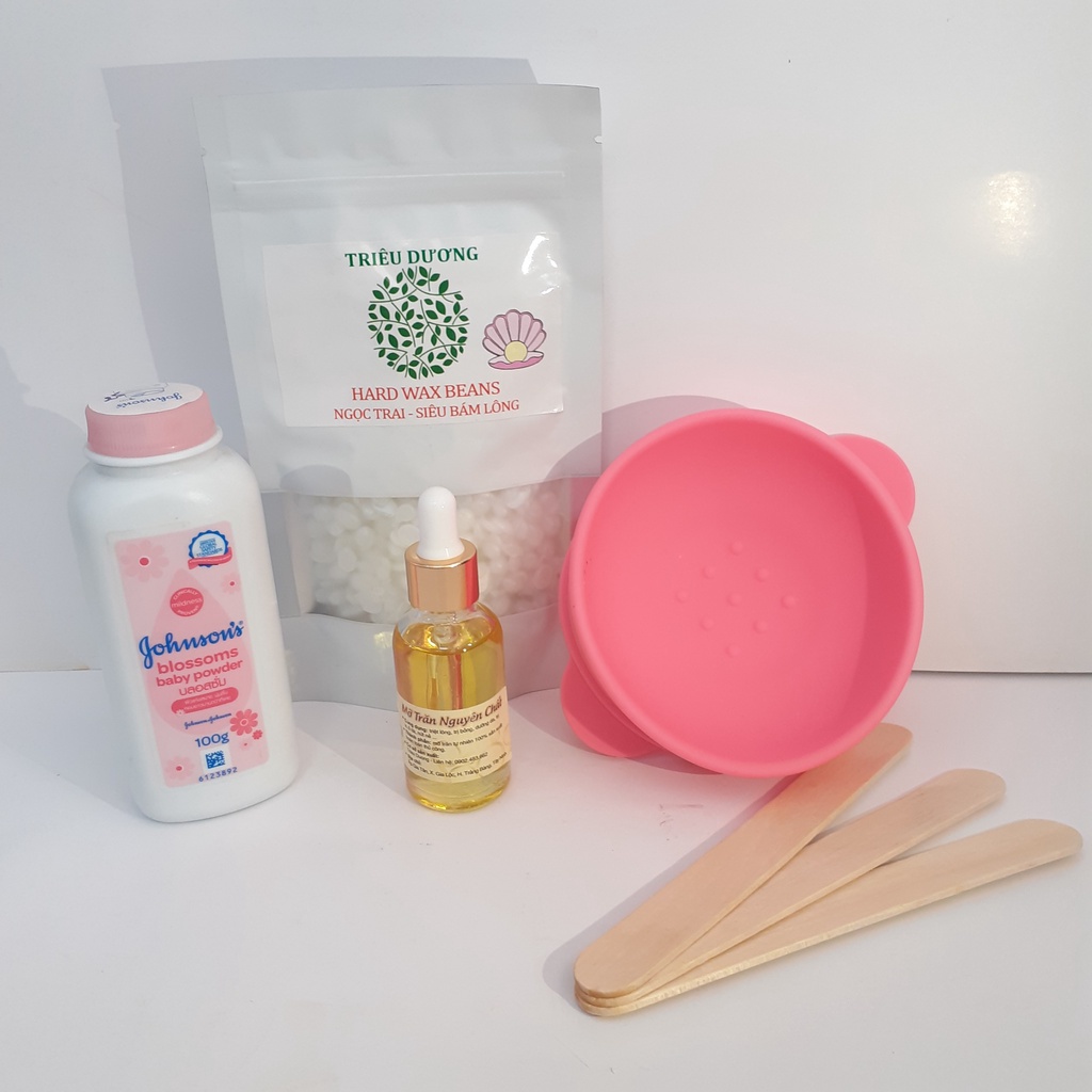 Set wax: chén silicon + 100g Sáp wax thơm TD  + mỡ trăn +  phấn rôm 100g Johnson baby (tặng que sáp + đồ dũa móng)