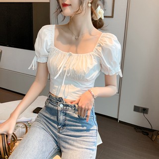 Áo Croptop Tay Phồng Thiết Kế Cổ Vuông Nữ Tính