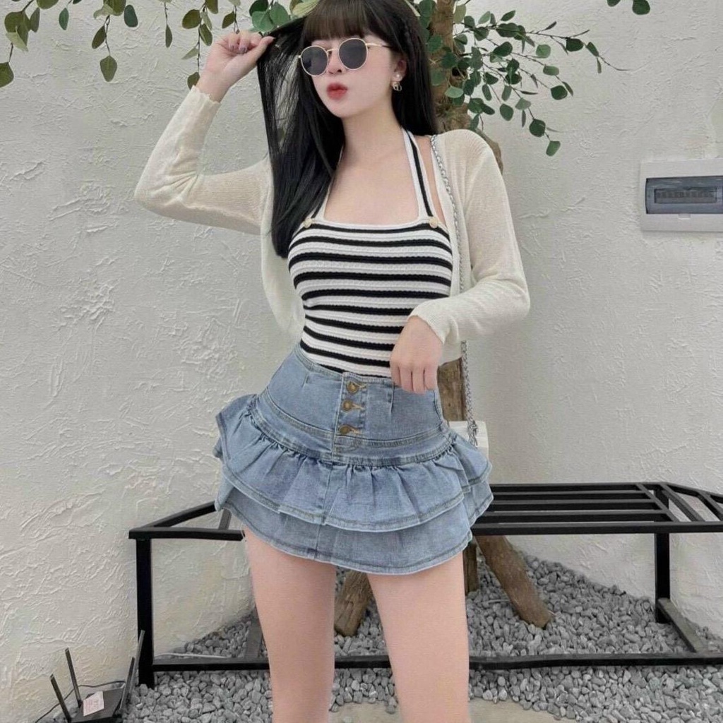 [Cao Cấp] Chân Váy Jean AIORI Dáng Xoè V007