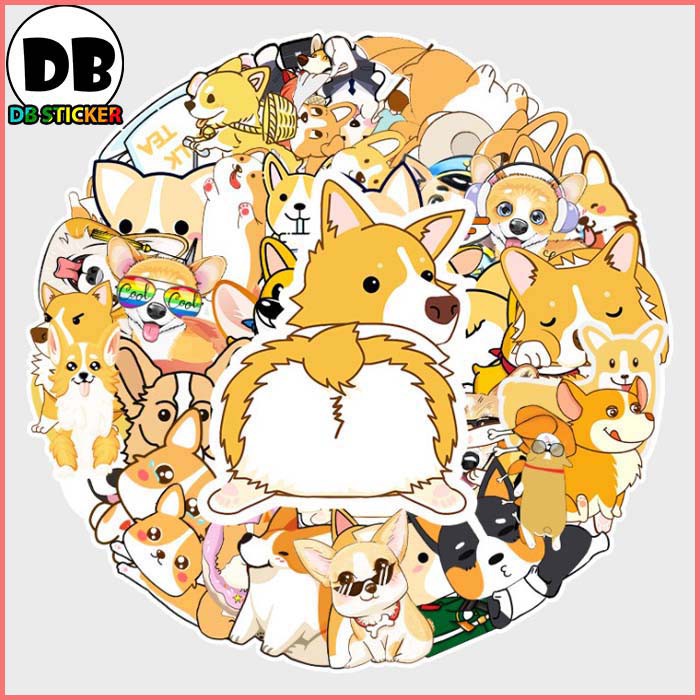 [Set 50 Cái] Bộ Sticker hình chó Corgi dễ thương dán trang trí laptop, mũ bảo hiểm, vali, xe tay ga, ván trượt - DB.053