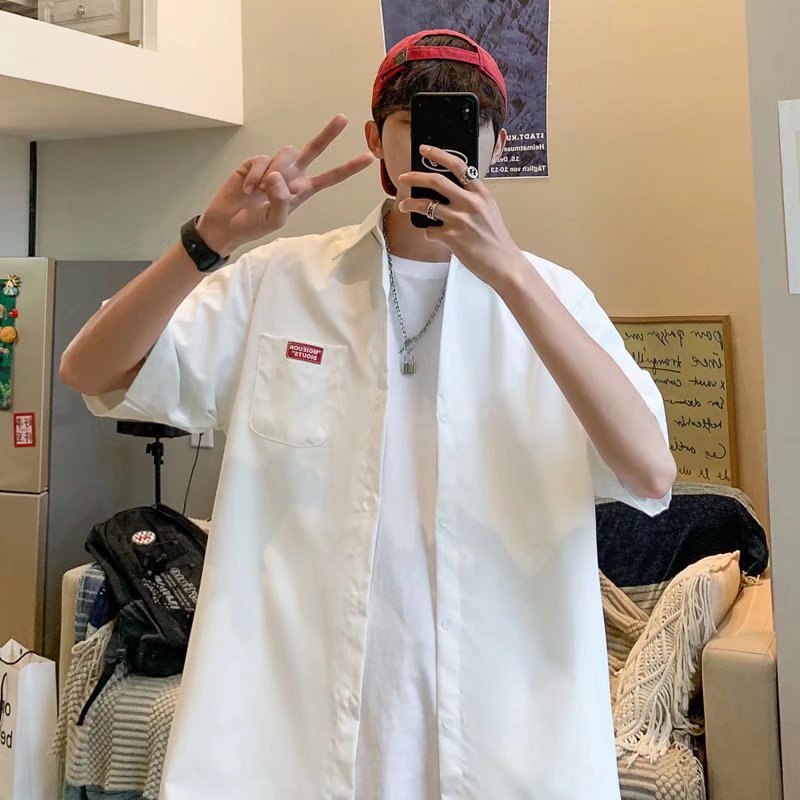 Áo Sơ Mi Tay Ngắn Dáng Rộng Màu Trơn Kiểu Hồng Kông Thời Trang Mùa Hè Năng Động