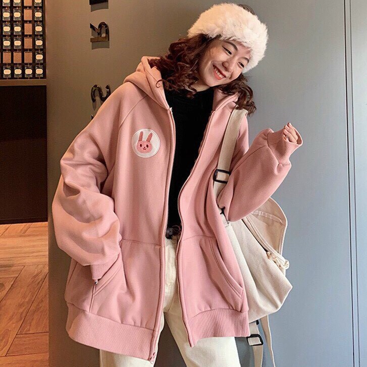 Aó hoodies nữ unisex có khóa kéo from rộng