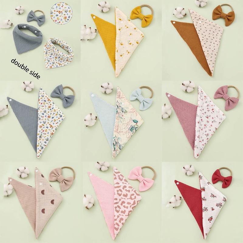 Set 2 Món Gồm Băng Đô Nơ + Yếm Ăn + Băng Đô Cài Tóc Co Giãn Phong Cách Công Chúa Cho Bé Gái