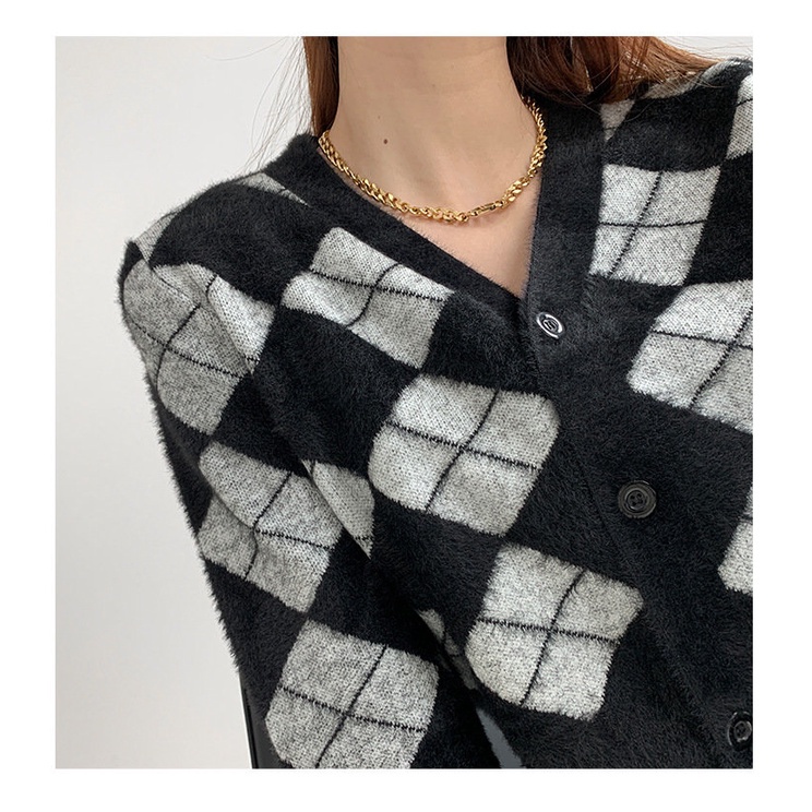 QKOOLE  Áo khoác cardigan dệt kim cổ chữ V đính cúc phong cách retro Hàn Quốc