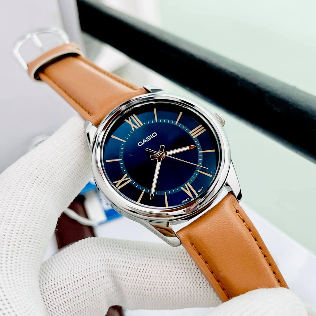 Đồng hồ nam dây da mặt xanh Casio MTP V055L-2B5 Bảo hành 1 năm Hyma watch