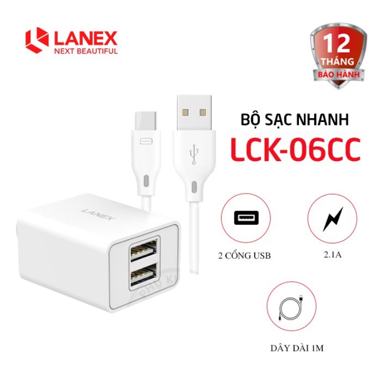 Bộ sạc nhanh Lanex LCK-06CC 2 cổng USB 2.1A kèm cáp Type-C thumbnail