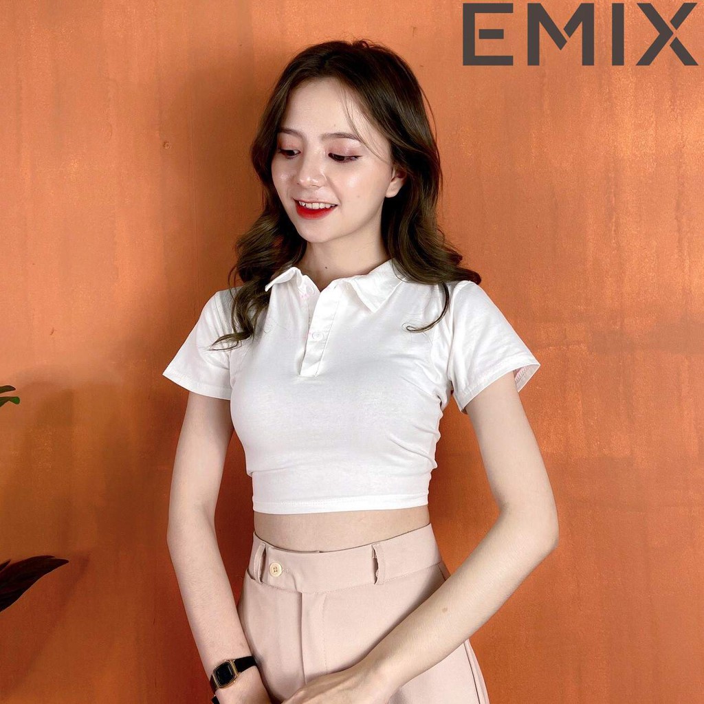 Áo croptop nữ cơ bản EMIX (2 màu), cộc tay, cổ bẻ polo, dáng ngắn 40cm, chất thun hàn, mềm mại, siêu mát. KHÔNG DÃO | BigBuy360 - bigbuy360.vn