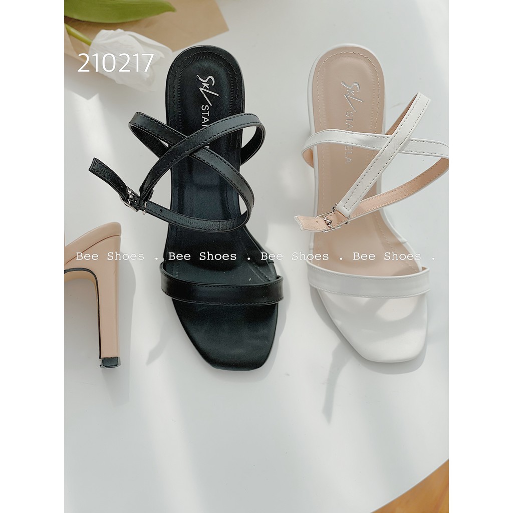 BEESHOES - SANDAL MŨI VUÔNG GÓT DEPK CAO 8 PHÂN - SANDAL QUAI NGANG MẢNH CHẤT DA ĐI ÊM CHÂN SẴN MÀU ĐEN-TRẮNG-BE 210217