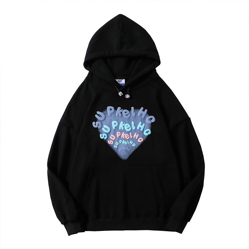 Áo hoodie XINLANYASHE dáng rộng cỡ lớn dày dặn in họa tiết trái tim và chữ cho cặp đôi