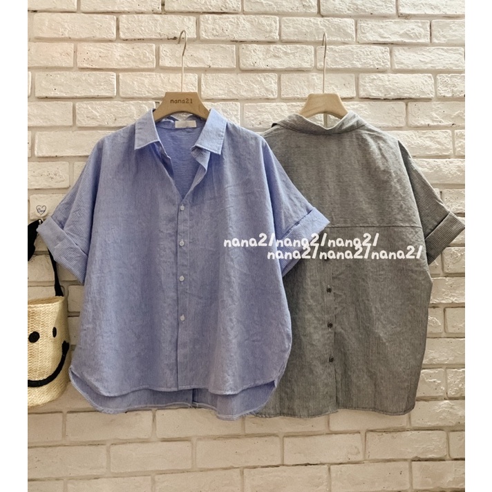 Áo sơ mi kẻ cách điệu hàng khuy sau ĐEN/TRẮNG/XANH Nana21 Nanastore21