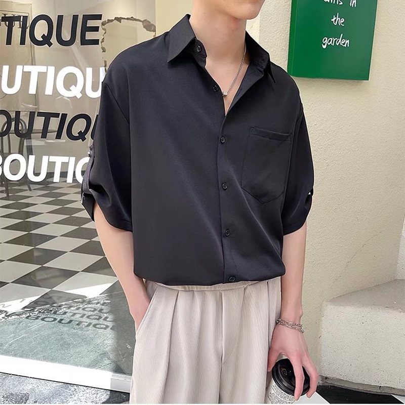 Áo Sơ Mi Tay Ngắn Chất Lụa Lạnh Ba Lớp Phong Cách Hàn Quốc Thời Trang Mùa Hè Cho Nam 3 Màu Tùy Chọn M-2XL