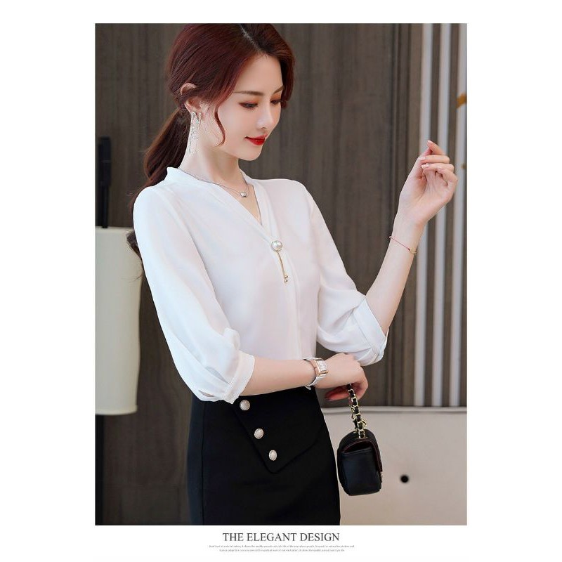 Áo sơ mi công sở nữ tay lỡ cổ tim xinh xắn hàng cao cấp
