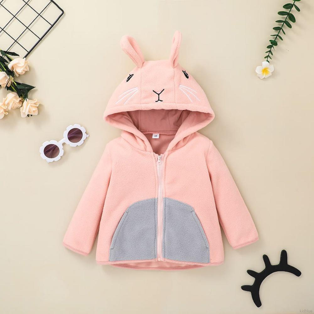 Áo khoác lông cừu tay dài có nón và khóa kéo hình thỏ dễ thương thời trang thu đông cho bé gái