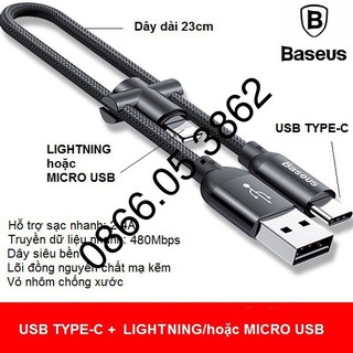 Cáp sạc nhanh Baseus 23cm type C tích hợp thêm cổng lightning hoặc micro usb