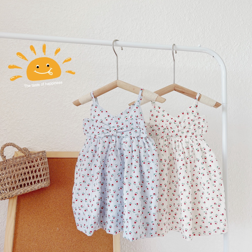 Váy hè hai dây hoa nhí, nơ ngực chất thô boi mỏng mát cho bé giá 1-6 tuổi ( Mã 083)