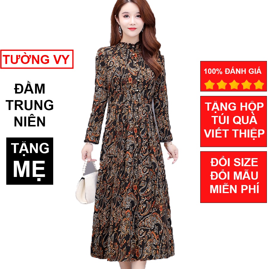 Váy trung niên tặng mẹ, dáng xòe sang trọng, vải Poly dày dặn co giãn thấm hút cực tốt - TV21 TƯỜNG VY