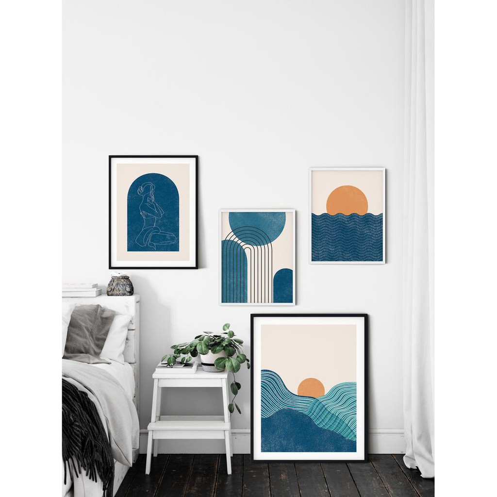 Bộ 4 tranh treo tường tone xanh dương chủ đề đại dương, tranh canvas có đinh tặng kèm.