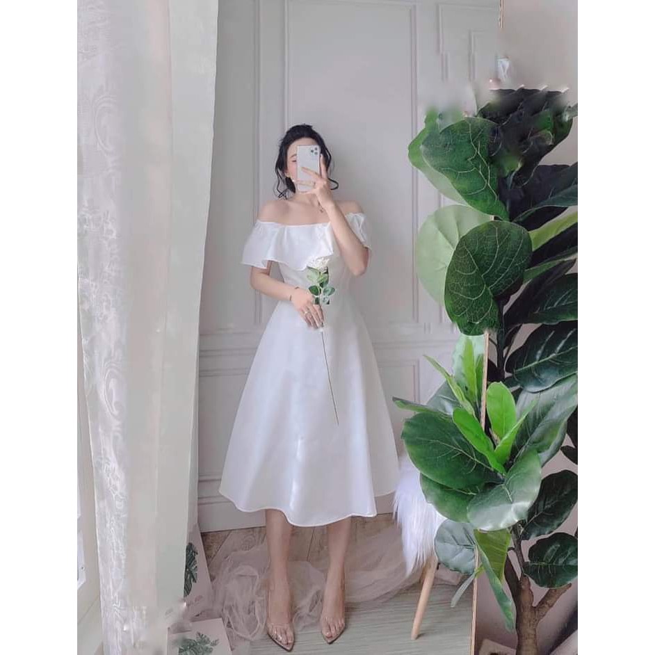 Đầm Thiết Kế Đầm Dự Tiệc Trễ Vai Phối Bèo Xinh Lung Linh Hanaki HNK1017 | BigBuy360 - bigbuy360.vn