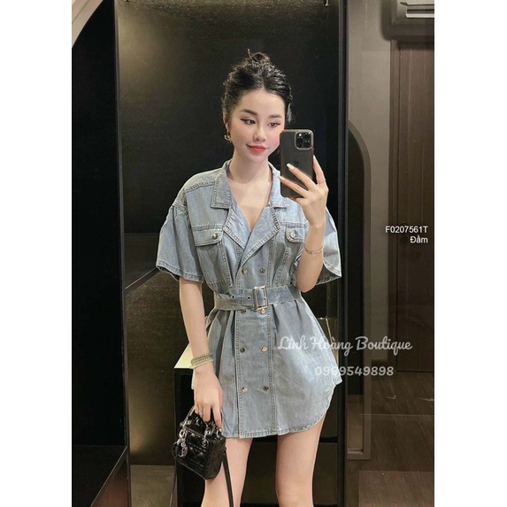 Đầm jean cổ vest có túi thắt đai eo tay ngắn! 230k