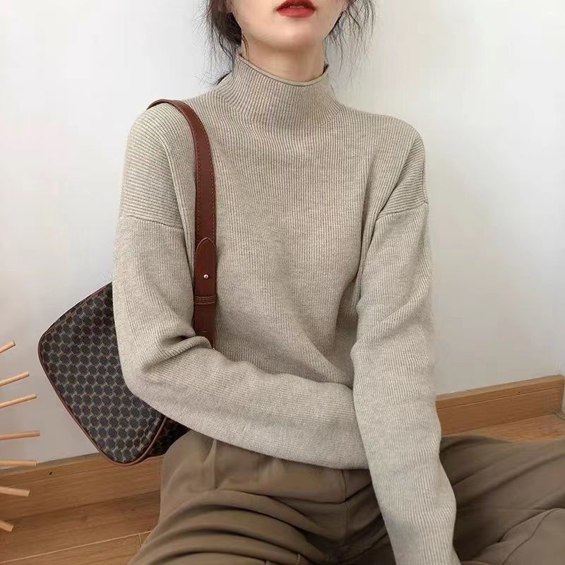 Áo Sweater Dệt Kim Tay Dài Cổ Lọ Màu Sắc Đơn Giản Phong Cách Retro