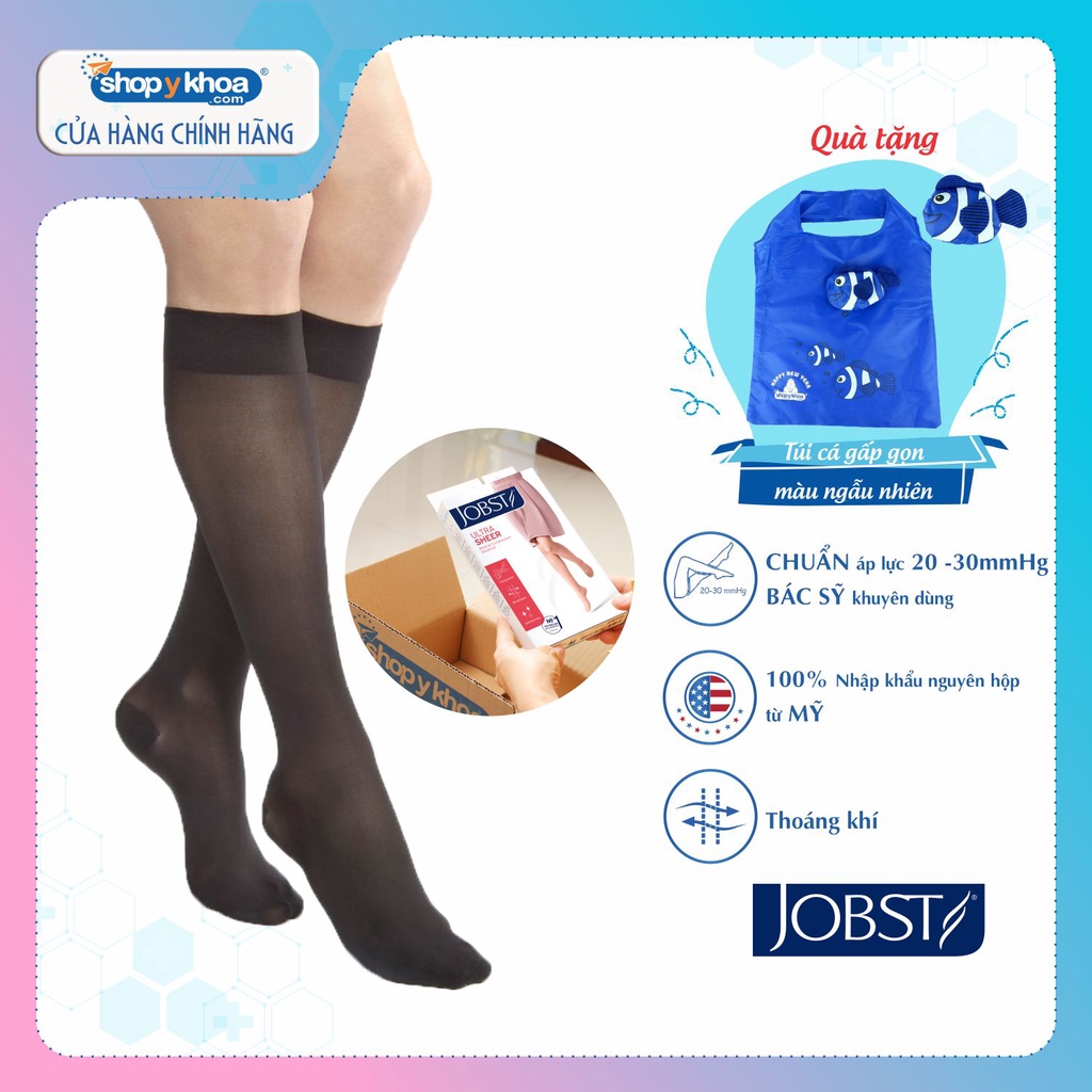 Vớ y khoa gối JOBST UltraSheer - Siêu mỏng, màu đen, kín ngón, 20-30mmHg, giãn tĩnh mạch chân (tất y khoa)