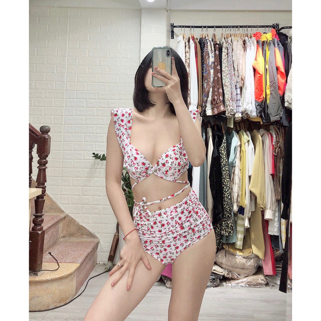 Đồ bơi, bikini hai cánh tiên ️Freeship️ nền trắng hoa hồng nhí mặc đi biển đi bơi đẹp