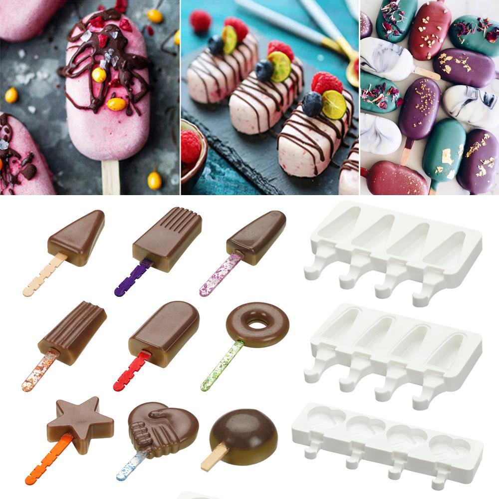 KUNHEV Khuôn Làm Kem Que 4 Ngăn DIY Tiện Dụng