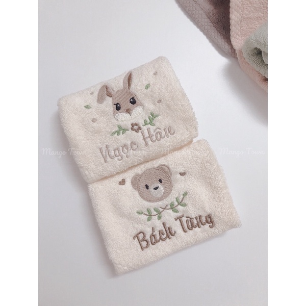 Khăn mặt thêu tên Cotton Organic Hàn Quốc cho bé đi học 🤎🤎🤎