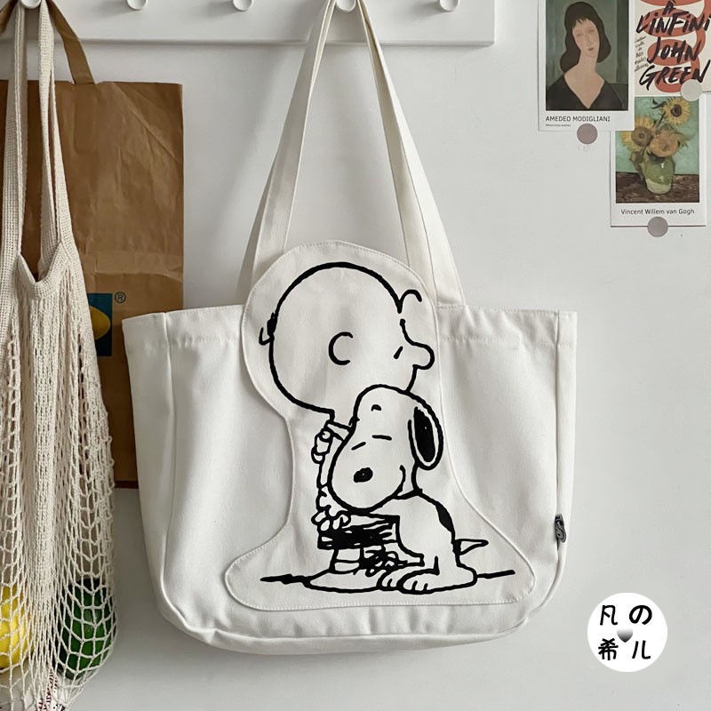 Túi Xách Canvas Cỡ Lớn Thêu Họa Tiết Hoạt Hình Snoopy / Charlie Dễ Thương Cho Nữ