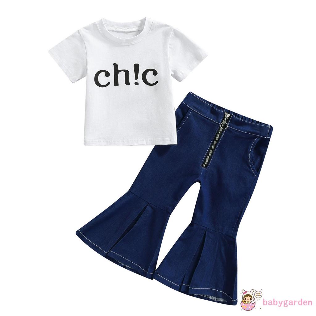 Bộ Áo Thun Cổ Tròn In Chữ + Quần Jeans Ống Loe Thời Trang Cho Bé Gái 1-6 Tuổi