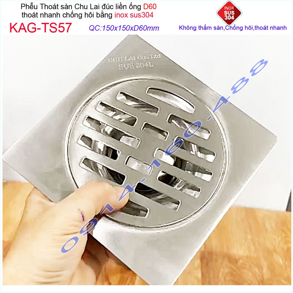 Phễu thoát sàn Chu Lai 15x15cm KAG-TS57-D60, Thoát sàn chống hôi ống 6cm SUS304 inox đúc dày thoát nhanh chặn tóc tốt