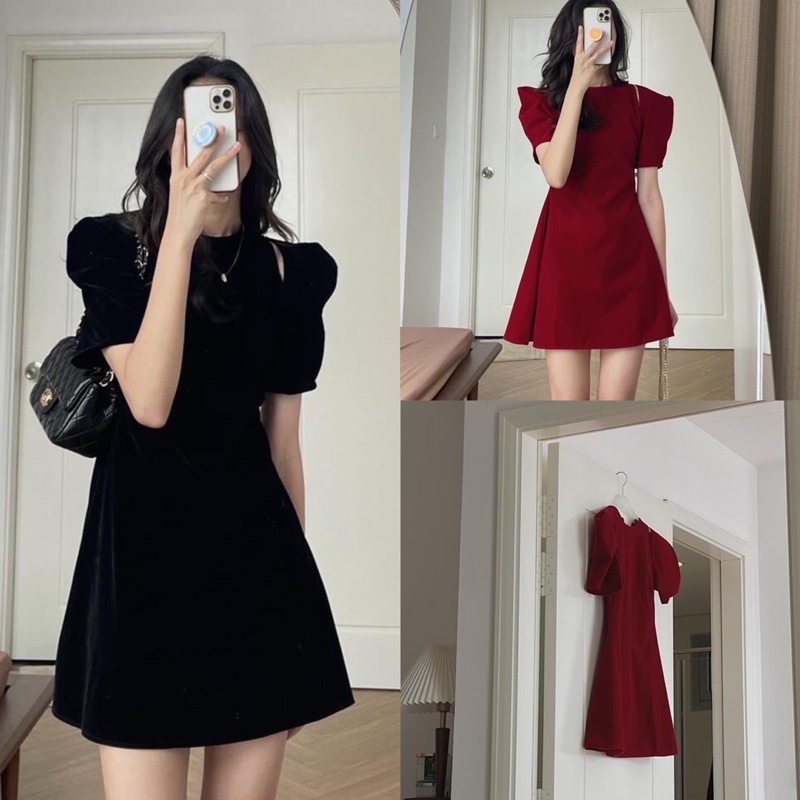 [Loại 1/Freeship] Váy nhung tăm nữ xẻ vai 24APRIL 🌸 Bộ đồ nhung nữ dáng chữ A tôn dáng sang chảng 🌸