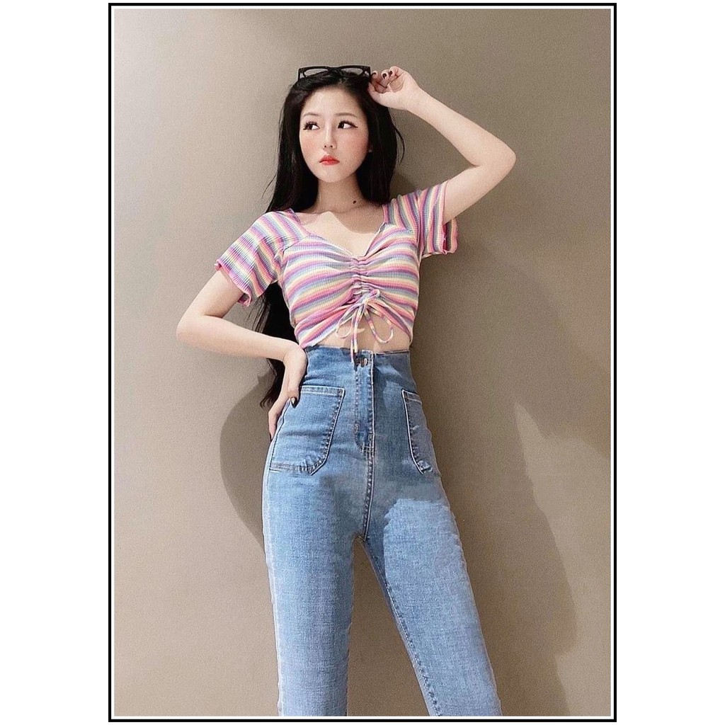 Quần jean nữ 1 CÚC phối 2 TÚI VUÔNG BẦU KHÔNG ĐỈA MÀU XANH NHẠT chất jean co giãn tốt s32-1