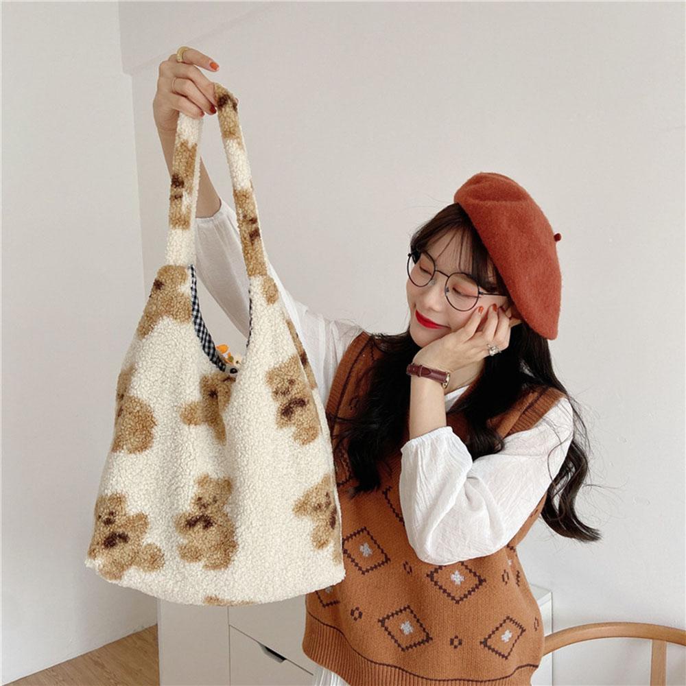 Qqmall Túi Tote Canvas Lông Cừu Dễ Thương Đeo Vai Đi Mua Sắm Cho Nữ