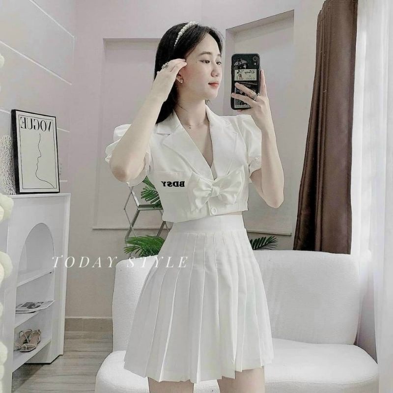 Áo sơ mi cổ vest phối nơ croptop thêu chữ BDSY⚡