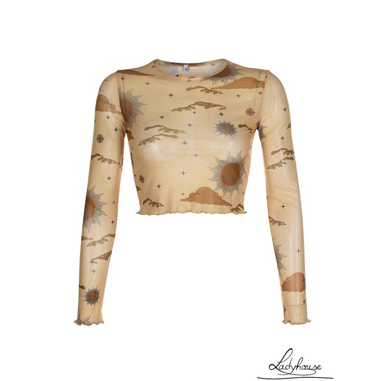 Áo Croptop Tay Dài Cổ Tròn Vải Lưới Xuyên Thấu In Họa Tiết Thời Trang Mùa Hè Cho Nữ