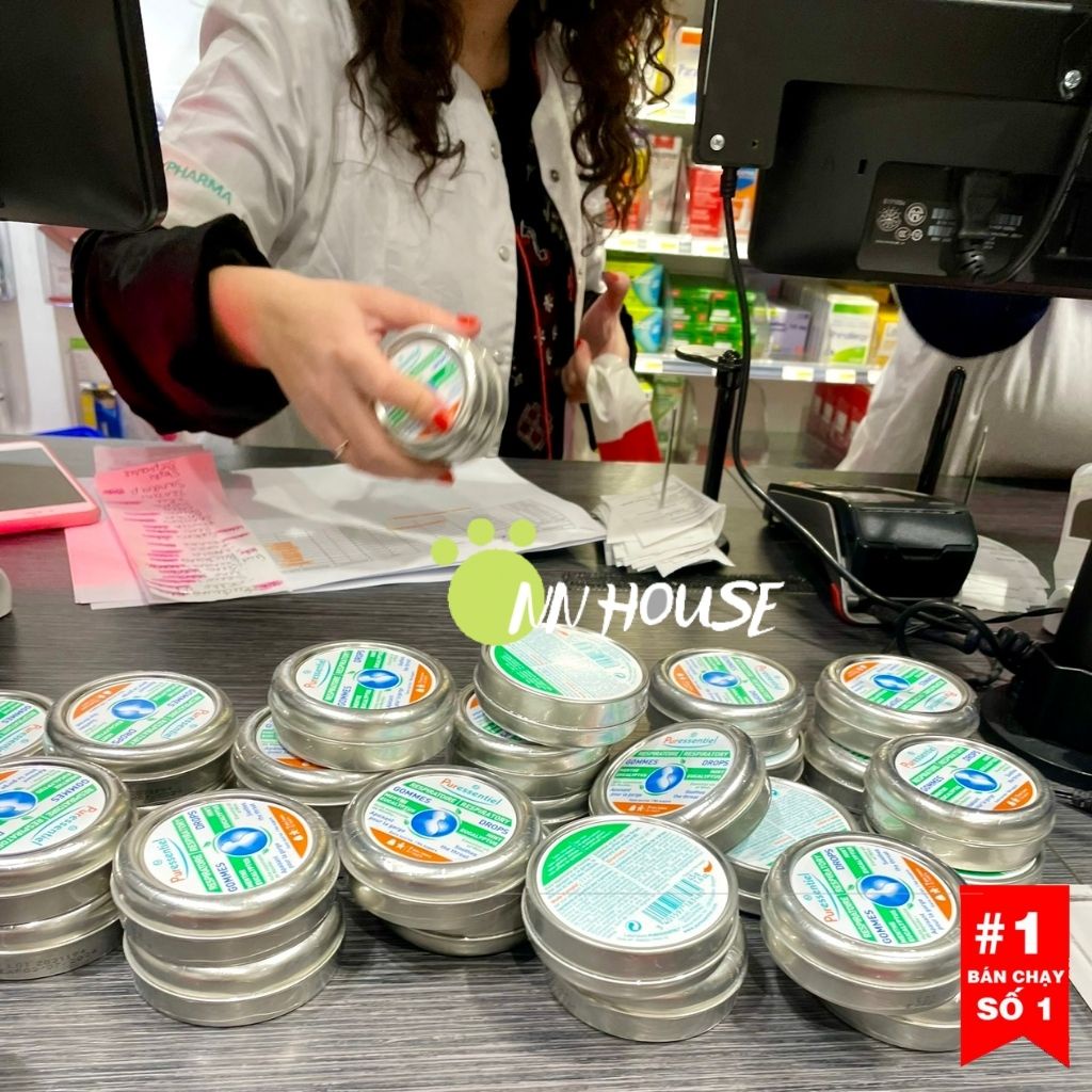 Viên ngậm ho viêm họng, bổ phế Puressentiel từ tinh dầu bạc hà khuynh diệp cho người từ 7 tuổi, kẹo ngậm ho không đường