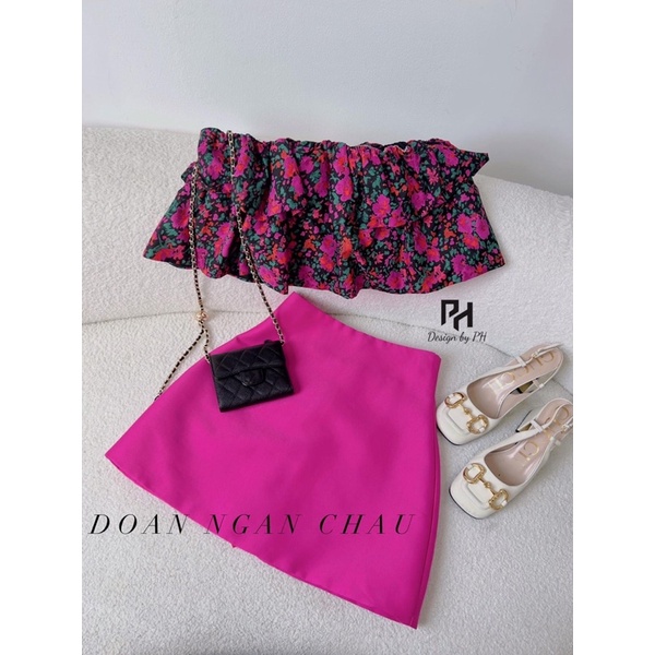 Set áo hoa trễ vai + chân váy tafta