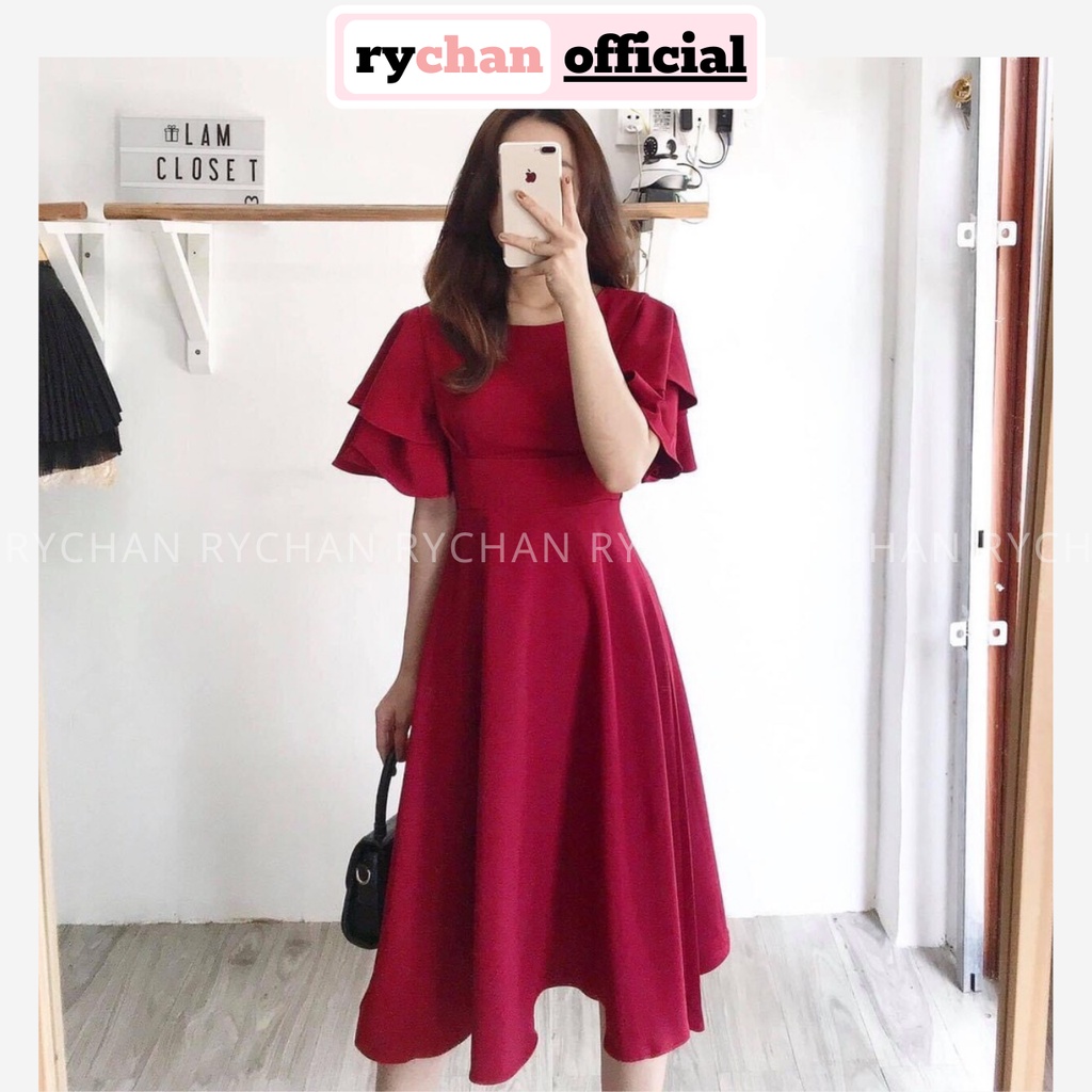 [ẢNH THẬT CUỐI] Đầm Xòe Trơn Tay Bèo Cổ Tròn Tôn Dáng Sang Trọng Ba Màu Nude Mint Đỏ - DX758